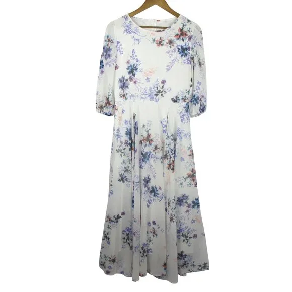 Chicwish White Floral Maxi Dress with Pleated Skirt Size M Modest Romantic - Picture 2 of 7